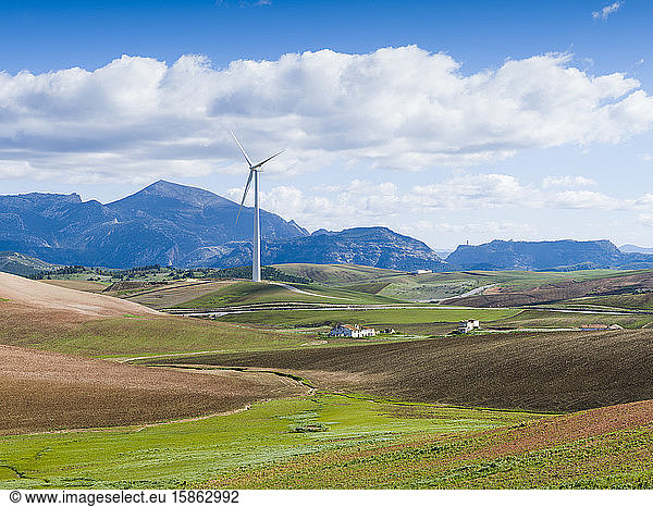 Windmill in a mountainous landscape  Malaga  Spain