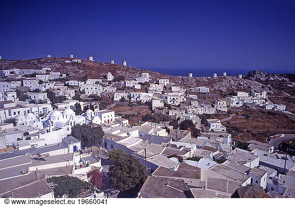 Windmills and general view of Hora village  Amorgos  Greece