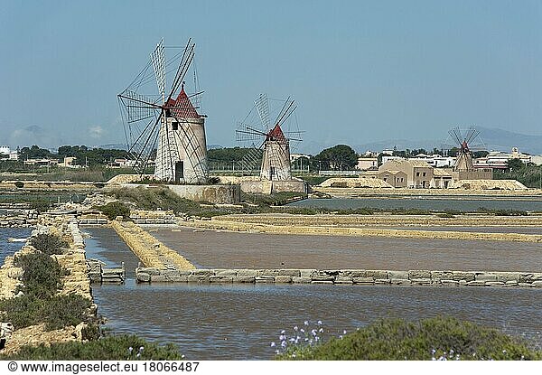 Windmills  Marsala Salt Works  Marsala  Trapani Province  Sicily  Italy  salt  salt production  sea salt  sea salt production  Europe