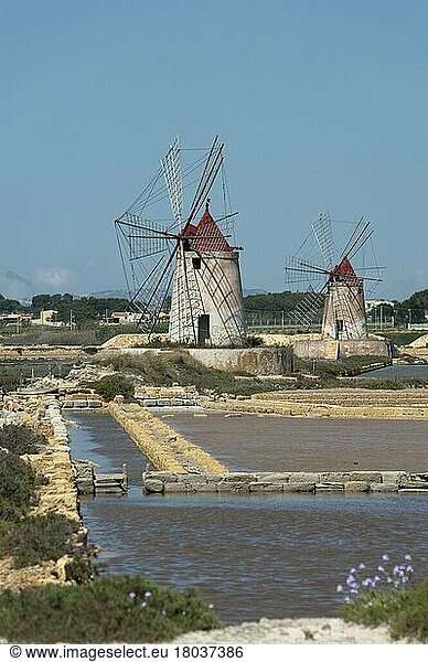Windmills  Marsala Salt Works  Trapani Province  Sicily  Italy  salt  salt production  sea salt  sea salt production  Europe