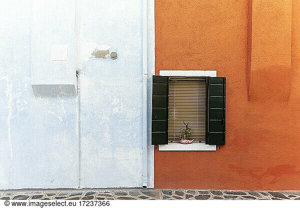 Window  orange and light blue wall  colorful house wall  colorful facade  Burano Island  Venice  Veneto  Italy  Europe