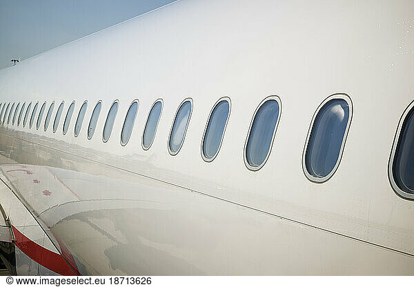 Windows of a passenger plane ready to take off.