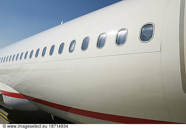 Windows of a passenger plane ready to take off.