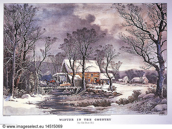 Winter in the Country  The Old Grist Mill  Lithograph  Currier & Ives  1864