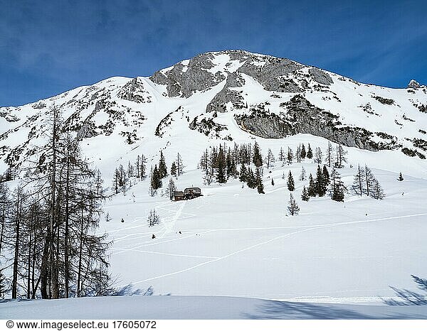 Winter landscape  alpine hut  snowy mountain peaks  Tauplitzalm  Styria  Austria  Europe