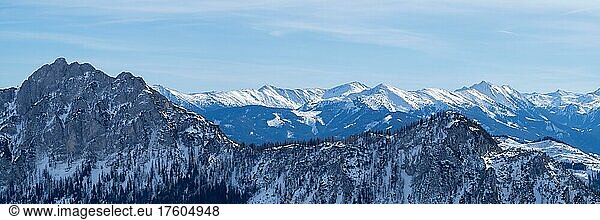 Winter landscape  barren trees and snow-covered mountain peaks  Tauplitzalm  Styria  Austria  Europe