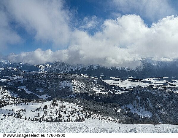 Winter landscape  Grimming mountain range in clouds  view from Tauplitzalm ski resort  Styria  Austria  Europe