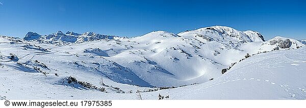 Winter landscape in the snowy Alps  Dachstein massif  view from the high plateau at Krippenstein  Salzkammergut  Upper Austria  Austria  Europe