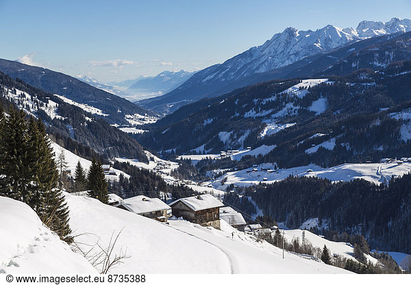 Winter landscape  Lesachtal valley  behind the Carnic Alps  Carinthia  Austria