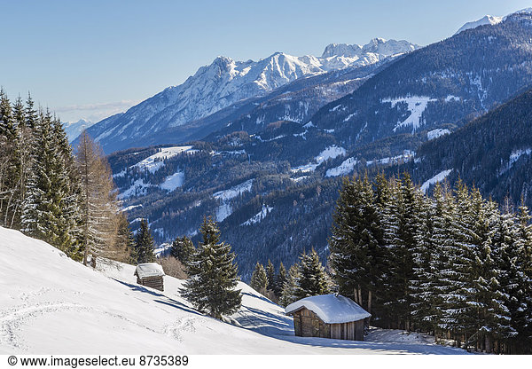 Winter landscape  Lesachtal valley  behind the Carnic Alps  Carinthia  Austria
