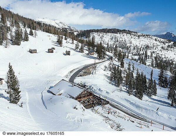 Winter landscape  ski huts and Schöni-Alm. Tauplitzalm  Styria  Austria  Europe
