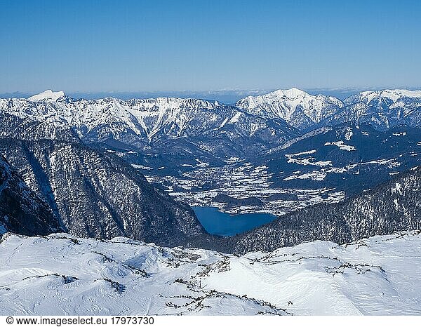 Winter landscape  view from Krippenstein with view of Lake Hallstatt and snow-covered mountain peaks  Bad Goisern in the background  Krippenstein  Upper Austria  Austria  Europe