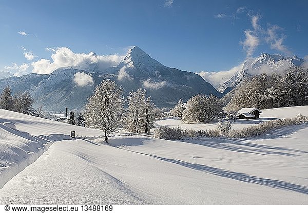 Winter landscape with view of the Watzmann Hochkalter on the right Bischofswiesen National Park Berchtesgaden Berchtesgadener Land Upper Bavaria Bavaria Germany Europe