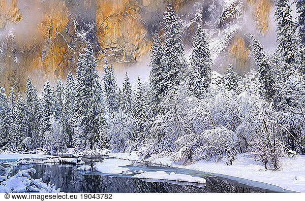 Winter morning in Yosemite National Park with El Capitan in the background and the Merced River in foreground