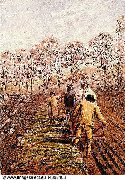 Winter ploughing with horses. The man leading the horse is wearing a smock  a traditional agricultural worker"s garment. Kronheim chromolithograph from "Pictures from Nature" by Mary Howitt (London  1869).