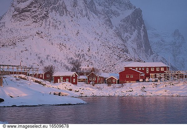 Winterliche Stimmung frühmorgens im Fischerdorf  Stockfischgestelle  Schneefall in den Bergen  Reine  Nordland  Lofoten  Norwegen  Europa