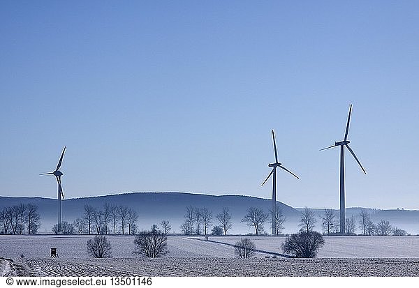 Wintery landscape  wind power plant and fog