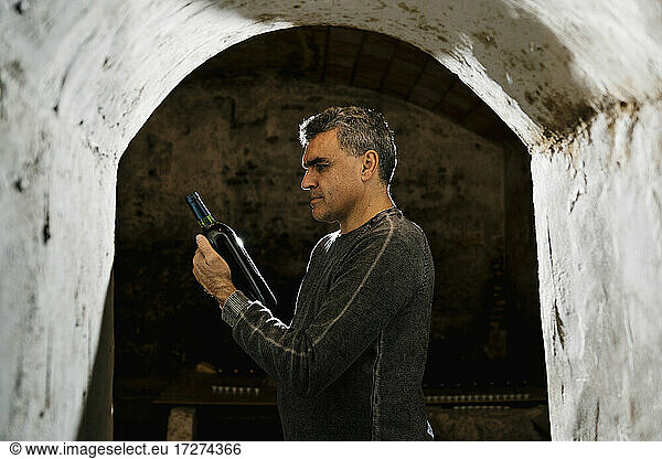 Winzer betrachtet eine Weinflasche  während er unter einem Torbogen im Keller steht