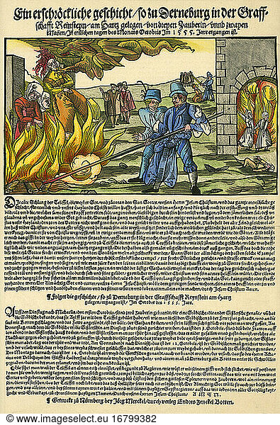 Witchcraft and Superstition.Three witches being burned at the stake ...