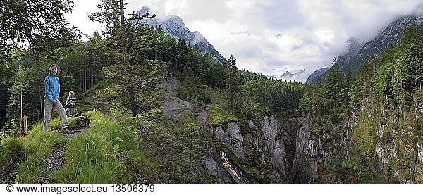 Woman and child standing in front of the Johannesschlucht Gorge in Johannestal Valley in the Karwendel Range  Tyrol  Austria  Europe