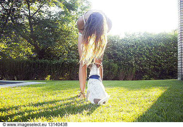 Woman bending over dog on grassy field at backyard