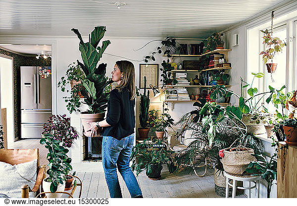 Woman carrying potted plant at home