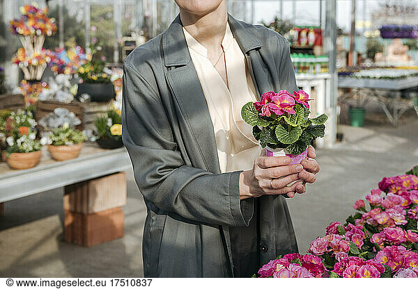 Woman choosing pottetd flowers in flower shop
