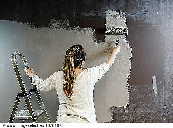 Woman climbed a ladder and catching a paint roller full of grey painting on a brown wall. Painter is upping and downing roller covering the wall with grey painting what remains wet. Horizonta