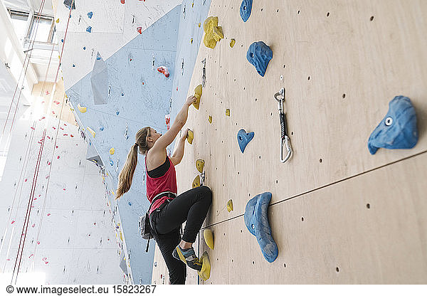 Woman climbing on the wall in climbing gym