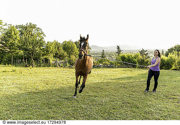 Woman controlling horse while standing at ranch