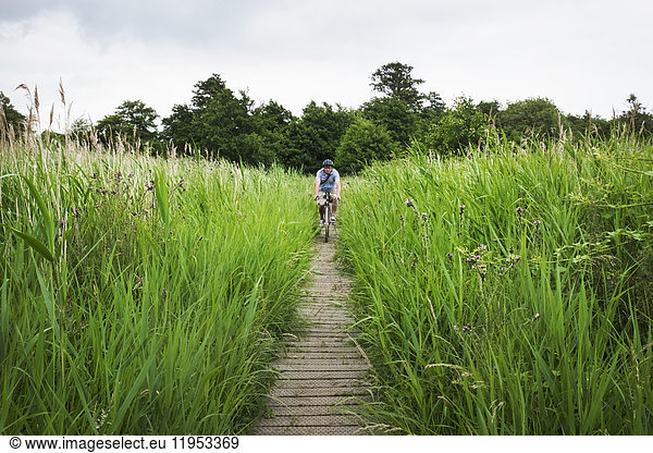 Woman cycling along path through tall grass.