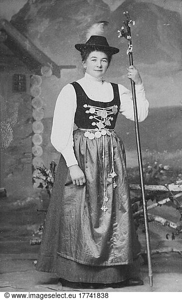 Woman from Bavaria in traditional traditional costume with Charivari jewellery necklace  1890  Germany  Carte de visite  Historic  digitally restored reproduction of an 18th century original  Europe