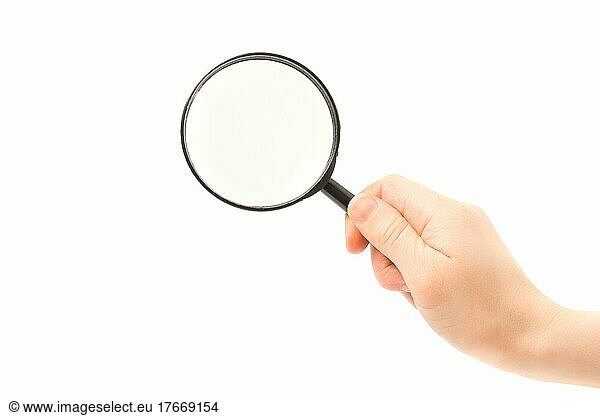 Woman hand holding magnifying glass before white background