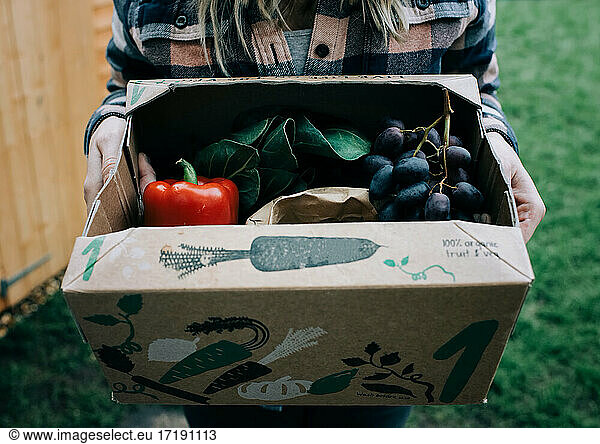 woman holding a recyclable box of fresh organic vegetables and fruits