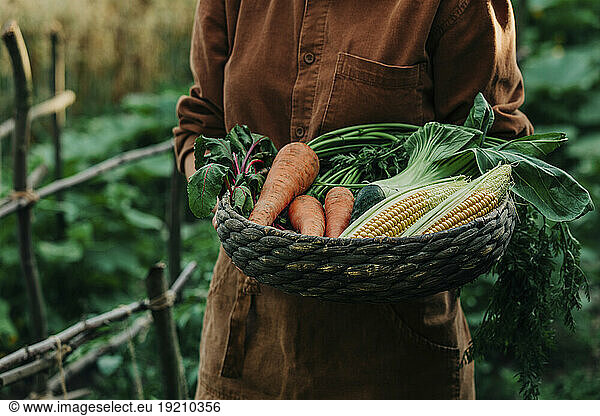 Woman holding basket of vegetables in garden
