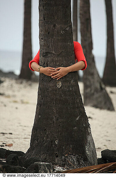 Woman Hugging A Coconut Tree  Hawaii