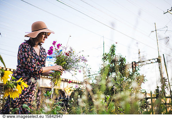 woman in an urban garden picking flowers