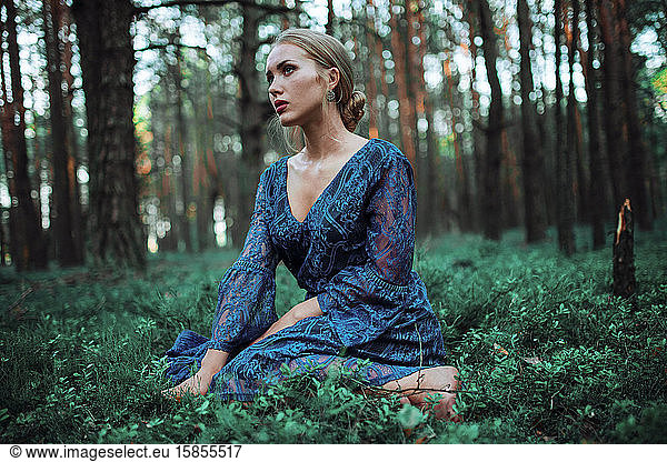 woman in blue dress sitting in a forest