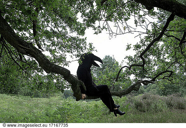 Woman in crow costume sitting on branch of tree in forest against sky
