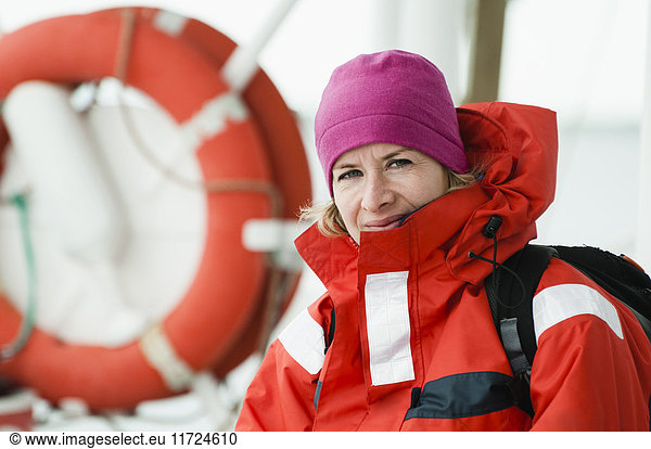 Woman in red jacket