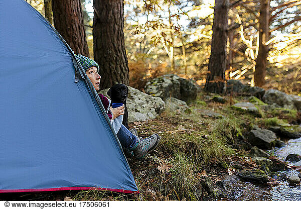 Woman inside blue tent contemplating by dog at forest