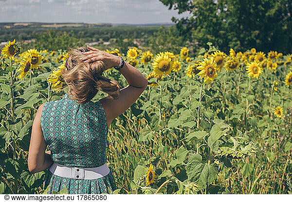 Woman lets her hair down among yellow flowering sunflowers