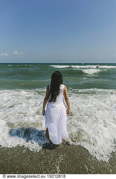 Woman looking at sea standing on shore at beach
