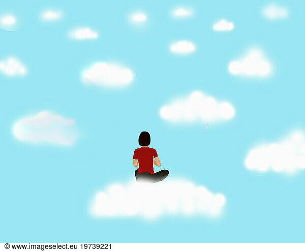 Woman meditating on top of floating cloud