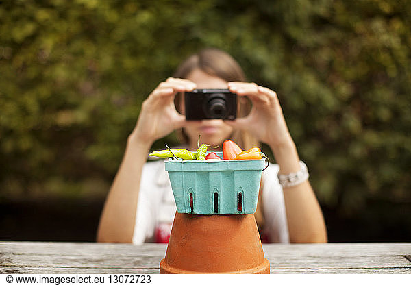 Woman photographing chili peppers in container