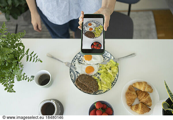 Woman photographing various food through smart phone at home