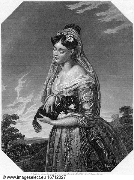Woman / Portrait. “Lady Flora (A young woman holding a little dog  woman from a poem by Lord Lord Byron?). Steel engraving  unsigned  c. 1845
(Engraving and print by Kneller  Stuttgart).