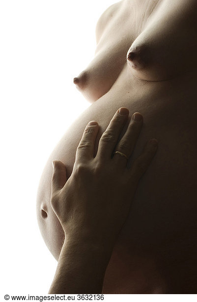 Woman  pregnant belly  hands  touching  couple