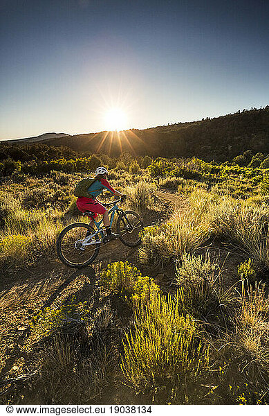 Woman riding a mountain bike outdoors just before sunset.
