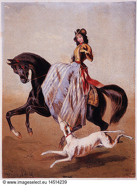 Woman Riding Side Saddle  Hand-Colored Engraving  1870